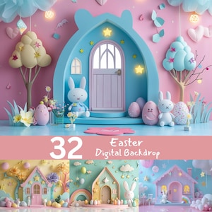 Easter Digital Backdrops, House of Easter Eggs Pastel Digital Background, Cake Smash Birthday Photography, Overlays, Studio props,