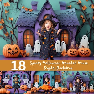 Puede incluir: Un telón de fondo digital que presenta una casa encantada de Halloween espeluznante con acentos morados y azul verdoso. La casa tiene un sombrero de bruja en el techo y está rodeada de fantasmas y calabazas. El texto "18 Spooky Halloween Haunted House Digital Backdrop" se muestra en la parte inferior de la imagen.