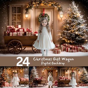 Christmas Gift Wagon Digital Backdrop, Festive Winter Scene for Kids Photography, Snowy Holiday Background with Presents and Tree Decor