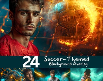 May include: A collection of 24 soccer-themed background overlays. The overlays feature a soccer ball in a net with flames and smoke. The overlays are perfect for adding a sporty touch to your photos and videos.