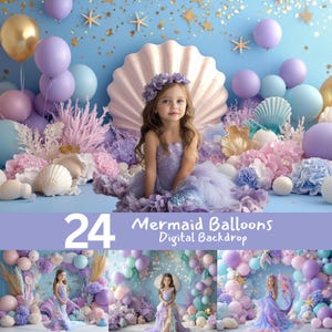 Meerjungfrau-Ballons digitaler Hintergrund für Kinderfotografie, Ozean-Themen-Hintergrund mit Muscheln, Bogen-Overlay und Seestern-Dekor, Cake Smash
