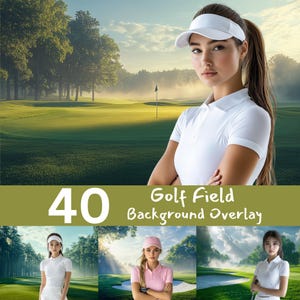 May include: 40 Golf Field Background Overlays. A set of 40 digital backgrounds featuring a golf course with green grass, trees, and a blue sky. The overlays can be used to create custom golf-themed designs.