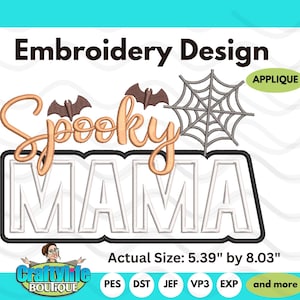 Spooky Mama Applique Embroidery Design: Halloween Bats, Spider Web (6x10 Hoop) (Digital Download