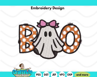 May include: An embroidery design spelling "BOO" with a ghost in the middle. The letters "B" and "O" are orange with white polka dots. The ghost is white with black eyes and a pink bow. The design is for Halloween.
