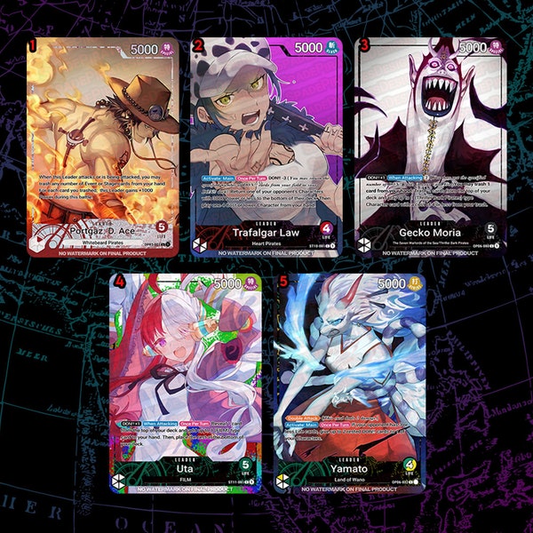 One Piece TCG Metal Card Leaders (Ace, Law, Moria, Uta, Yamato)