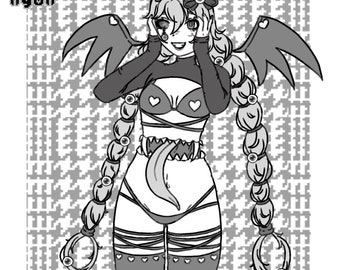 Puede incluir: Ilustración en blanco y negro de un personaje femenino con trenzas largas, vistiendo un atuendo blanco y negro con un sujetador en forma de corazón y una boca de monstruo con una lengua. El personaje tiene alas de diablo rojas y una flor en la cabeza. El fondo es un patrón de cuadros blanco y negro.