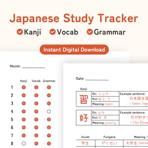 Rastreador de estudios de japonés para principiantes para kanji, vocabulario y gramática / Tamaño carta y A4 / Descarga digital instantánea