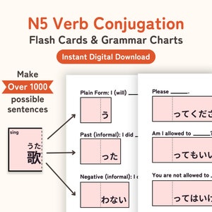 Tarjetas flash de conjugación de verbos N5 y gráficos gramaticales / Descarga digital instantánea