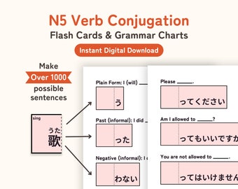 N5 Verb Conjugation Flash Cards & Grammar Charts | Sofortiger digitaler Download