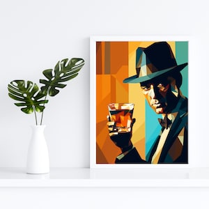 Plakat retro z lat 50. przedstawiający mężczyznę pijącego whisky | Sztuka ścienna na koktajle | Sztuka ścienna do baru | Wydruk na wózek barowy | Wydruk cyfrowy DO POBRANIA