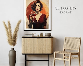 Retro Woman Drinking Wine Print | Cocktail Wall Art | Bar Wall Art | Bar Cart Print | Digital DOWNLOADABLE Print