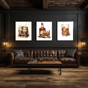 Bundle of Whiskey Bottles and Glasses Watercolor Print, Man Cave Prints, Bourbon Gifts for Him, Bartender Gifts, Digital Printable Download