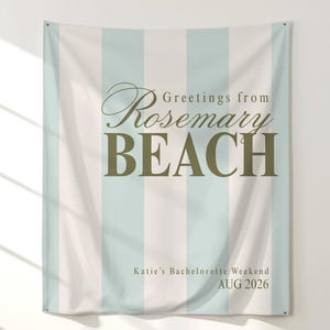 large printed striped pastel Rosemary Beach theme fabric tapestry banner backdrop for an upscale bridal shower, bachelorette weekend, or birthday party. Choose your own solid or preppy striped background and personalize it with your own phrase printed in a trendy, minimalist and modern, old money aesthetic font.
