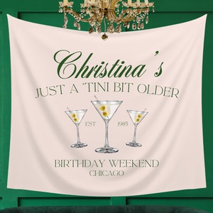 Custom Martini Glass Tapestry Party Banner to welcome guests and decorate your celebration. Large sign with personalized social club aesethic logo and custom cocktail graphic for tini bit older birthdays, bachelorettes parties and couples showers