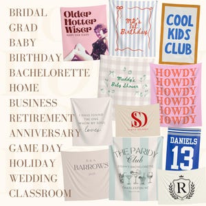 May include: Collection of personalized event banners with various designs and text. Banners include phrases like "Older Hotter Wiser," "Mr's 1st Birthday," "Cool Kids Club," and "Howdy." Ideal for weddings, birthdays, and other celebrations.