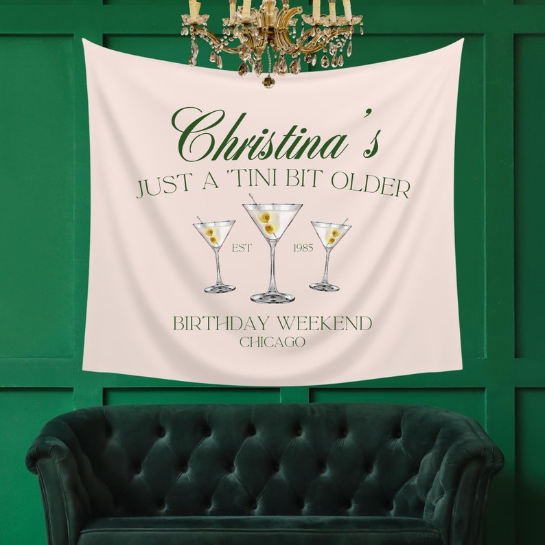 Custom Martini Glass Tapestry Party Banner to welcome guests and decorate your celebration. Large sign with personalized social club aesethic logo and custom cocktail graphic for tini bit older birthdays, bachelorettes parties and couples showers