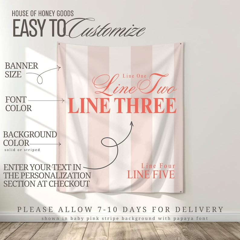 large printed pastel  fabric tapestry backdrop for an upscale bridal shower, bachelorette weekend, or birthday party. Choose your own solid or preppy striped background and personalize it with your own phrase printed in a trendy, minimalist and modern, old money aesthetic font.