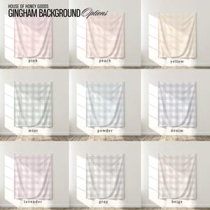 Pu&ograve; includere: Nove opzioni di sfondo a quadretti in vari colori pastello, tra cui rosa, pesca, giallo, menta, azzurro polvere, denim, lavanda, grigio e beige. Il testo "HOUSE OF HONEY GOODS GINGHAM BACKGROUND Options" &egrave; in alto.