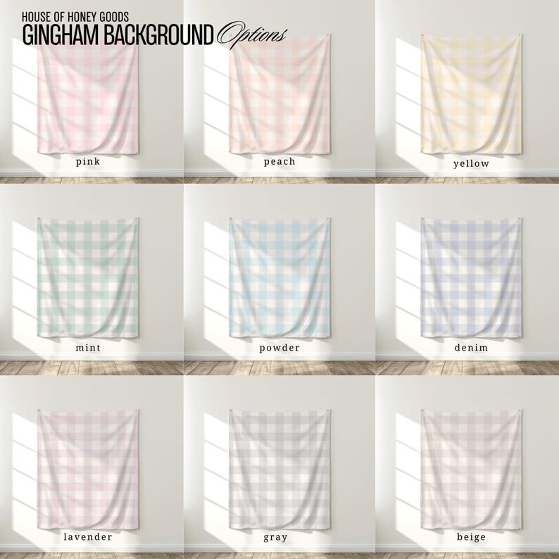 Pu&ograve; includere: Nove opzioni di sfondo a quadretti in vari colori pastello, tra cui rosa, pesca, giallo, menta, azzurro polvere, denim, lavanda, grigio e beige. Il testo "HOUSE OF HONEY GOODS GINGHAM BACKGROUND Options" &egrave; in alto.