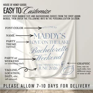 Pu&ograve; includere: Banner personalizzabile con testo: "Maddy's Love on the Lake Bachelorette Weekend, Lake Minnetonka June 2026." Include una grafica di cigno. Il banner &egrave; bianco con testo blu e frecce che indicano le opzioni di personalizzazione.