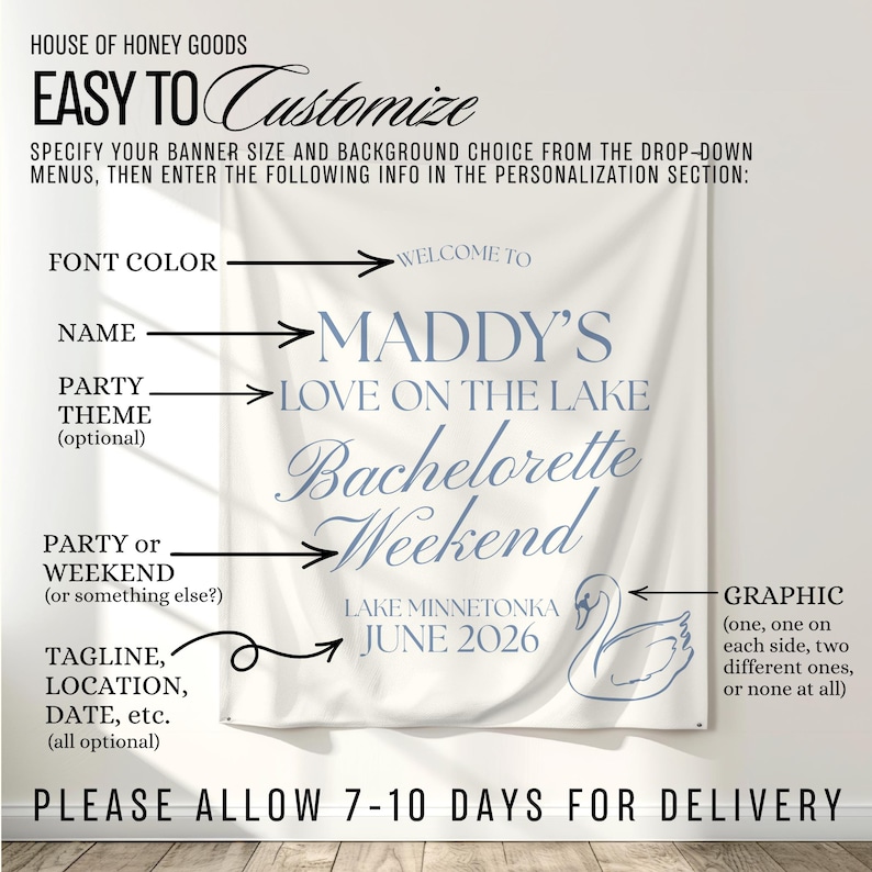 Pu&ograve; includere: Banner personalizzabile con testo: "Maddy's Love on the Lake Bachelorette Weekend, Lake Minnetonka June 2026." Include una grafica di cigno. Il banner &egrave; bianco con testo blu e frecce che indicano le opzioni di personalizzazione.