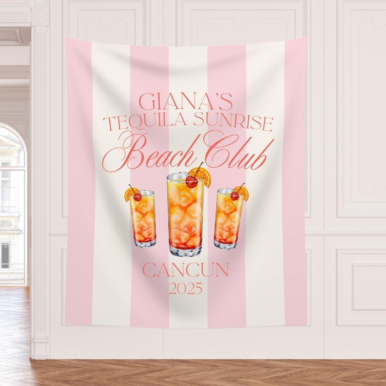 Custom Tequila Sunrise Cocktail Tapestry Party Banner to welcome guests and decorate your celebration. Large sign personalized old money social club aesthetic logo and custom cocktail graphic for 21st birthdays, beach bachelorette weekend parties