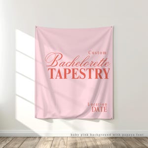 large Pink and orange printed fabric tapestry banner backdrop for an upscale bridal shower, bachelorette weekend, or birthday party. Choose your own solid or preppy striped background and personalize it with your own phrase printed in a trendy, minimalist and modern, old money aesthetic font.