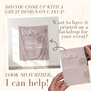 May include: A light mauve backdrop and invitation with floral designs and the text "baby in bloom" and "Alaine's Bridal Shower". The backdrop reads "January 2026". The invitation includes event details.