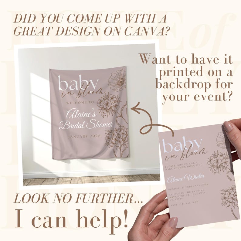 May include: A light mauve backdrop and invitation with floral designs and the text "baby in bloom" and "Alaine's Bridal Shower". The backdrop reads "January 2026". The invitation includes event details.