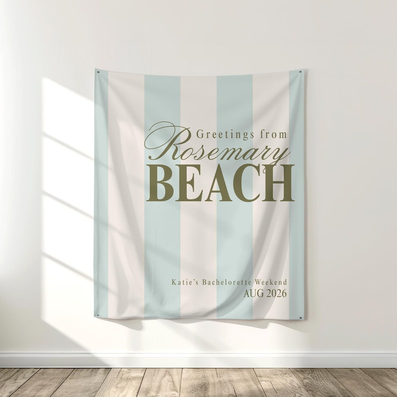 large printed striped pastel Rosemary Beach theme fabric tapestry banner backdrop for an upscale bridal shower, bachelorette weekend, or birthday party. Choose your own solid or preppy striped background and personalize it with your own phrase printed in a trendy, minimalist and modern, old money aesthetic font.