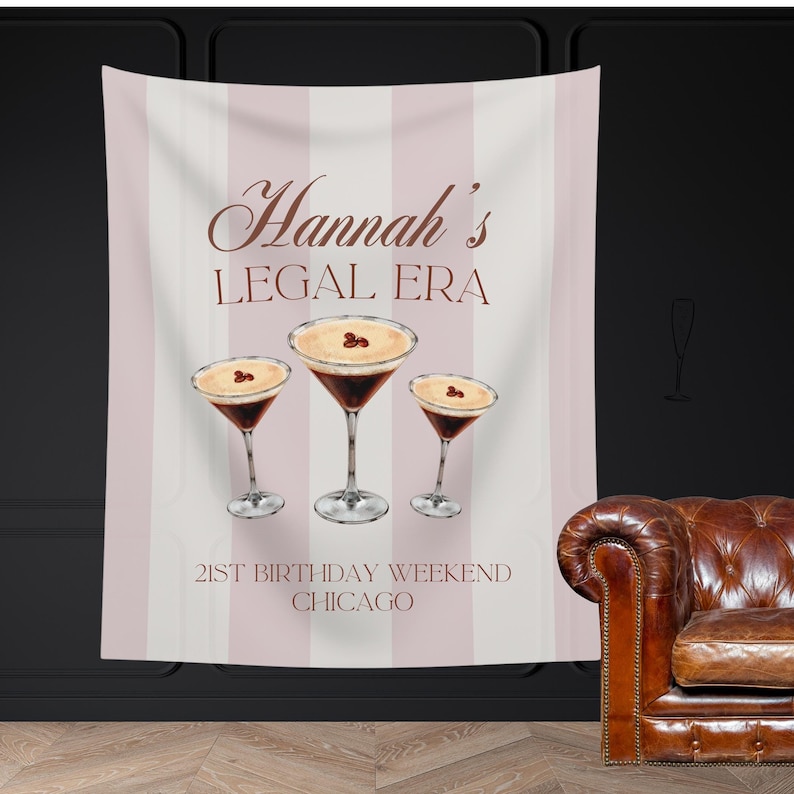 Custom Espresso Martini Fabric Tapestry Party Banner to welcome guests and decorate your celebration. Large sign with personalized old money social club aesethic logo and custom cocktail graphic for birthdays, bachelorettes parties and couples shower