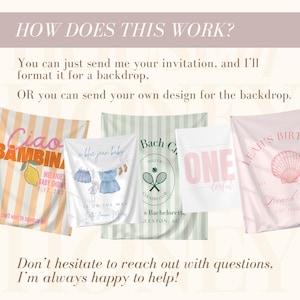 May include: Collection of custom backdrops with various designs. Includes a striped backdrop with text "Ciao Bambina" and a lemon illustration, a backdrop with baby clothes, a tennis-themed backdrop, a backdrop with the word "ONE", and a pink backdrop with a seashell.