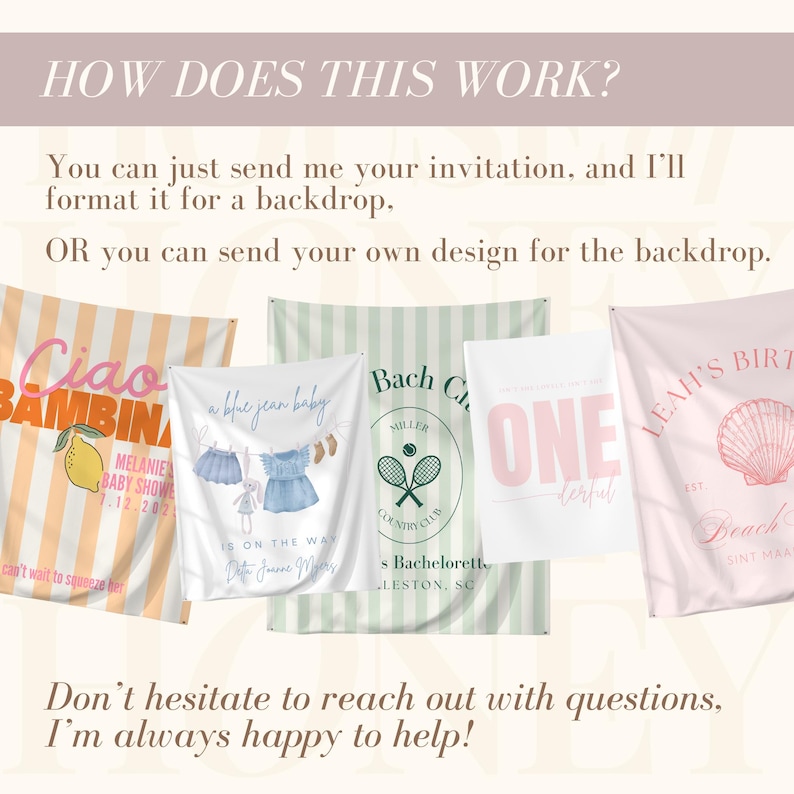 May include: Collection of custom backdrops with various designs. Includes a striped backdrop with text "Ciao Bambina" and a lemon illustration, a backdrop with baby clothes, a tennis-themed backdrop, a backdrop with the word "ONE", and a pink backdrop with a seashell.