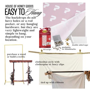 Pu&ograve; includere: Immagine che mostra vari metodi per appendere sfondi. Include strisce 3M, puntine, nastro biadesivo e uno stile stendibiancheria con mollette. Il testo recita "EASY TO Hang" e descrive sfondi leggeri.