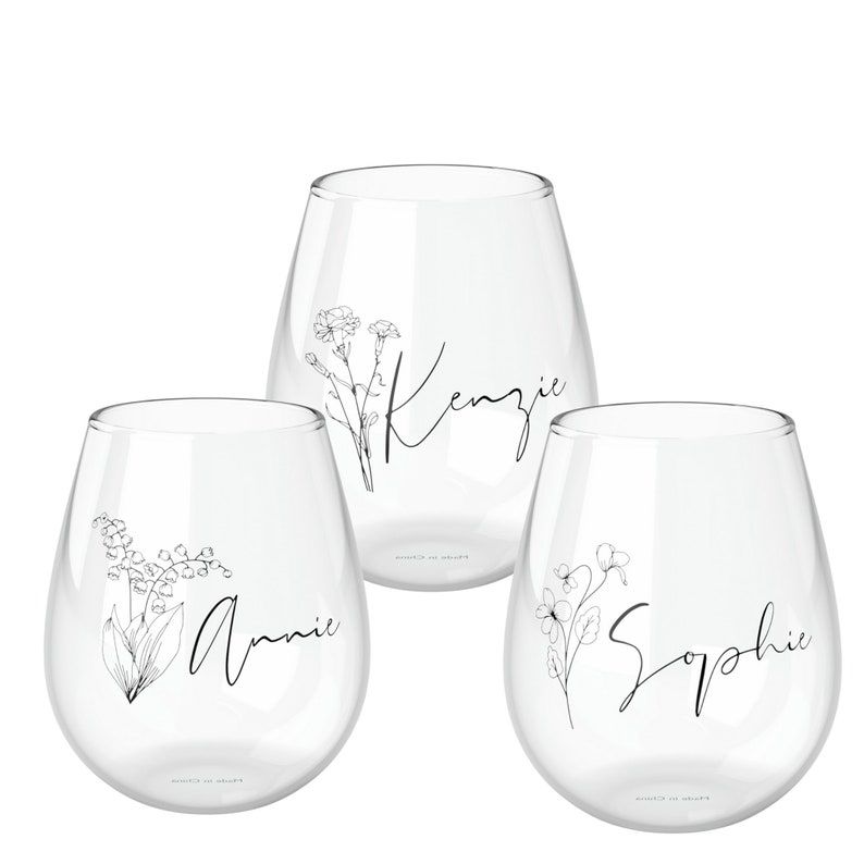 Personalized Birth Flower Wine Glass With Name, Custom Birth Flower