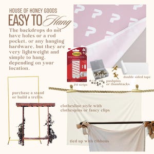 May include: Image showing various backdrop hanging options. Includes 3M strips, pushpins, double-sided tape, and clothesline style with clothespins. Text reads "EASY TO Hang" and describes lightweight backdrops.