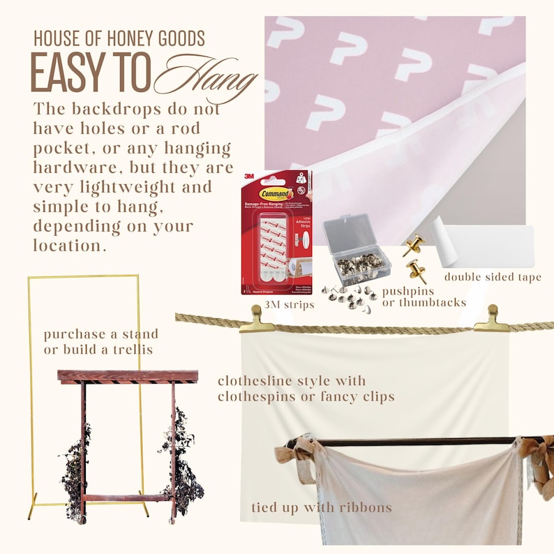 May include: Image showing various backdrop hanging options. Includes 3M strips, pushpins, double-sided tape, and clothesline style with clothespins. Text reads "EASY TO Hang" and describes lightweight backdrops.