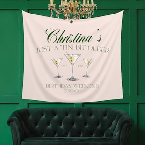 Custom Martini Glass Tapestry Party Banner to welcome guests and decorate your celebration. Large sign with personalized social club aesethic logo and custom cocktail graphic for tini bit older birthdays, bachelorettes parties and couples showers