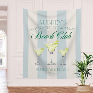 Custom Margarita Fabric Tapestry Party Banner to welcome guests and decorate your celebration. Large tarp sign with personalized old money social club aesthetic logo and custom cocktail graphic for 21st birthdays, beach bachelorette weekend parties