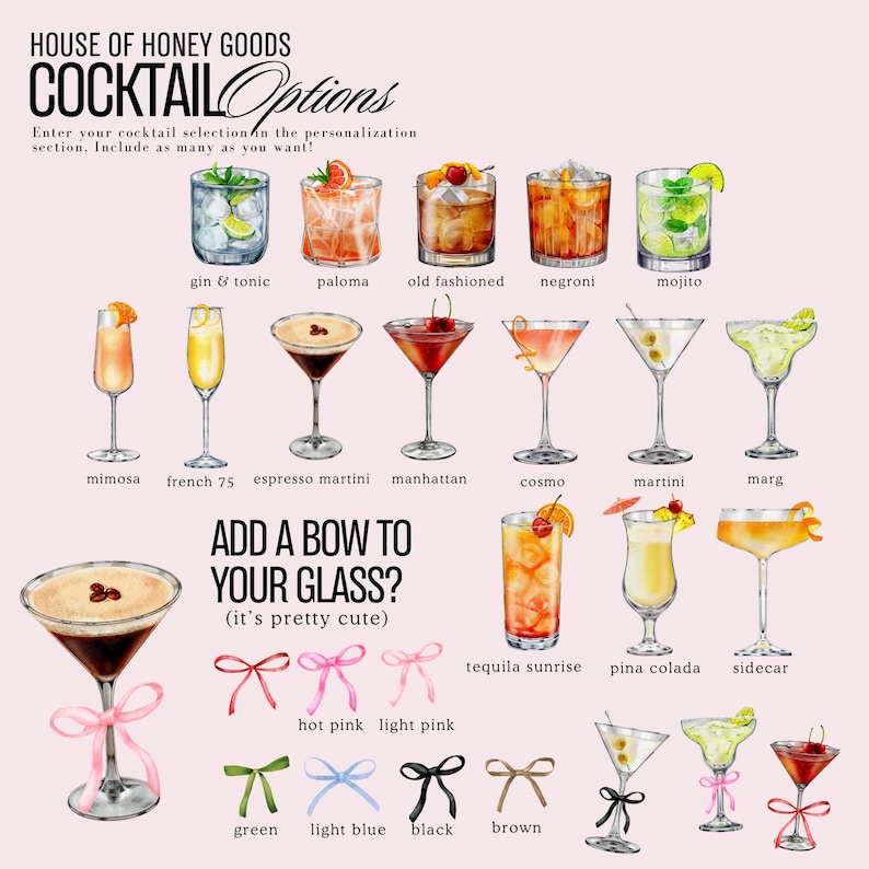 House of Honey Goods custom Cocktail party banner with options that include espresso martinis, mimosas, Margs, martinis, mojitos, gin and tonic, cosmos and more. Add a bow for a girly girl coquette aesthetic party theme