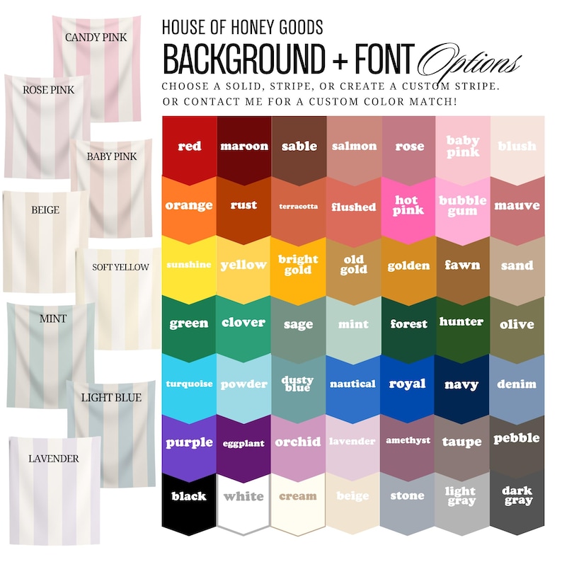 Pu&ograve; includere: Immagine che mostra le opzioni di colore e carattere di House of Honey Goods. Presenta campioni di tessuto a righe in colori come rosa caramella, rosa e azzurro, insieme a una tavolozza di colori con tonalit&agrave; come rosso, verde e viola.