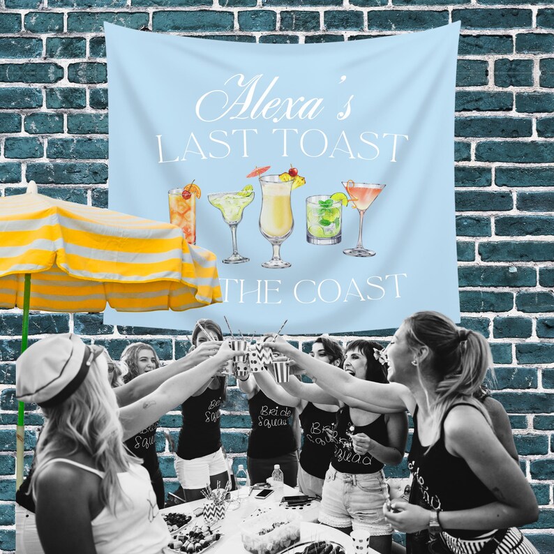 Custom Cocktail Theme Fabric Tapestry Party Banner to welcome guests and decorate your celebration. Large sign with personalized old money aesthetic logo and custom cocktail graphic for 21st birthdays or last toast on the Coast bachelorette parties