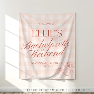 Savannah Bachelorette Sign: Peach and white striped fabric tapestry banner back drop with custom text in an upscale trendy font, customized with the bride's name, her bachelorette party theme and additional personalized details as well as a graphic to coordiate with the theme and decorations. Perfect for a welcome sign or photo background backdrop.