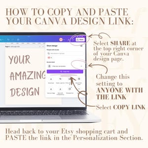 May include: A laptop screen displays instructions on copying and pasting a Canva design link. Text includes "HOW TO COPY AND PASTE YOUR CANVA DESIGN LINK:" and instructions to select "SHARE" and "COPY LINK". The background is a soft beige.