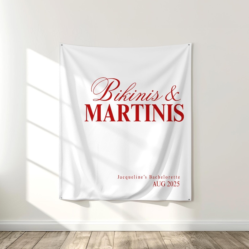 large printed red and white, bikinis and martinis theme fabric tapestry banner backdrop for an upscale bridal shower, bachelorette weekend, or birthday party. Choose your own solid or preppy striped background and personalize it with your own phrase printed in a trendy, minimalist and modern, old money aesthetic font.