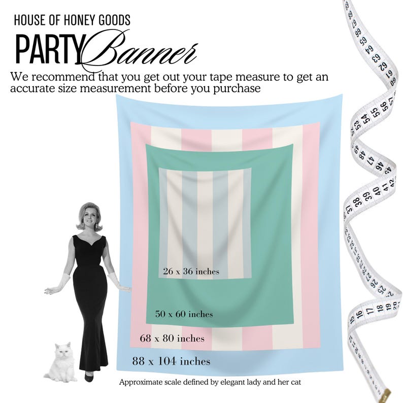 May include: A pink, blue, and green striped party banner with a woman and a cat standing in front of it. The banner is available in four sizes: 26 x 36 inches, 50 x 60 inches, 68 x 80 inches, and 88 x 104 inches.
