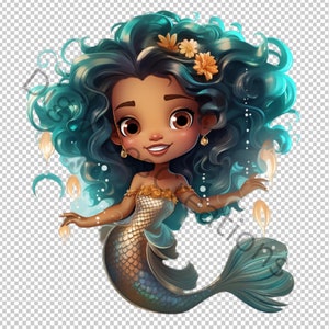 Clipart sirena Immagine stampabile fantasy PNG della sirena afroamericana carina Illustrazione dell&#39;oceano per il download ClipArt digitali subacquee
