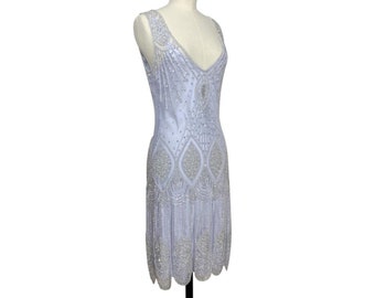 1920's Flapper Carwash Hem Beaded Party Dress - The Starlet - Silver