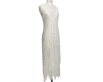 1920's Vintage Flapper Beaded Fringe Gatsby Gown - The Icon - Bone - Full-Length