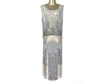 1920's Beaded Vintage Deco Tabard Fringe Panel Gown - The Epiphany - Silver